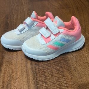 Adidas Kids' White and Pink Sneakers with Colorful Stripes